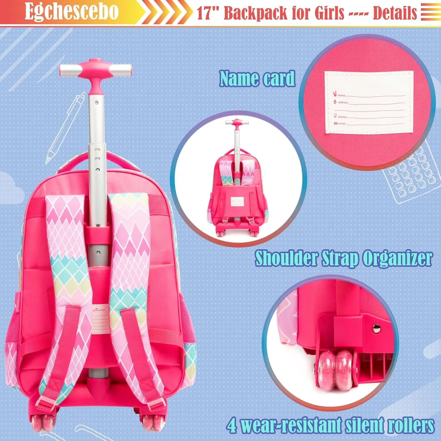 Egchescebo School Kids Rolling Backpack for Girls With Wheels Trolley Wheeled Backpack