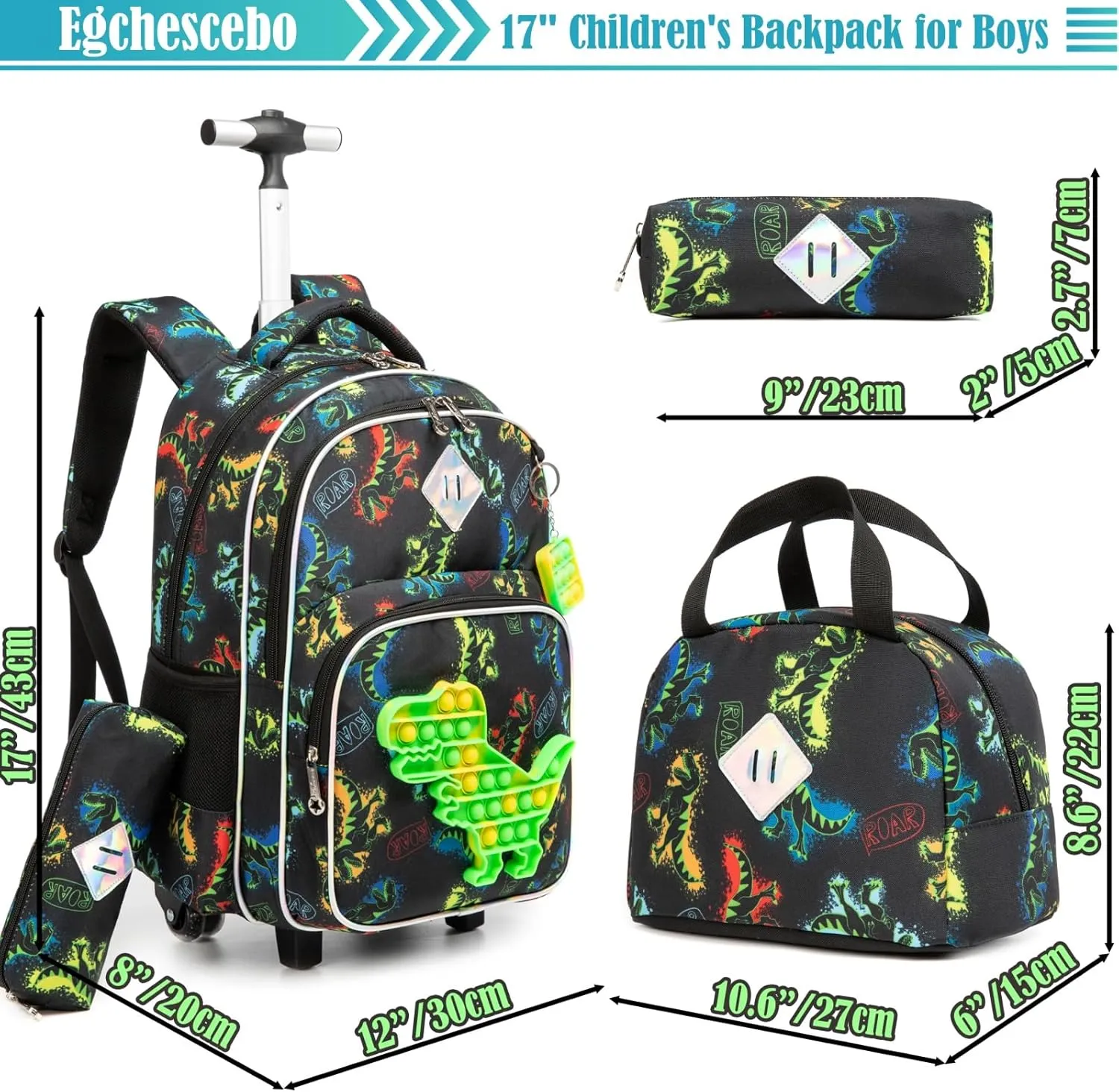 Egchescebo School Kids Rolling Backpack for Girls With Wheels Trolley Wheeled Backpack
