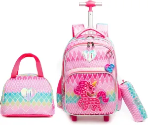Egchescebo School Kids Rolling Backpack for Girls With Wheels Trolley Wheeled Backpack