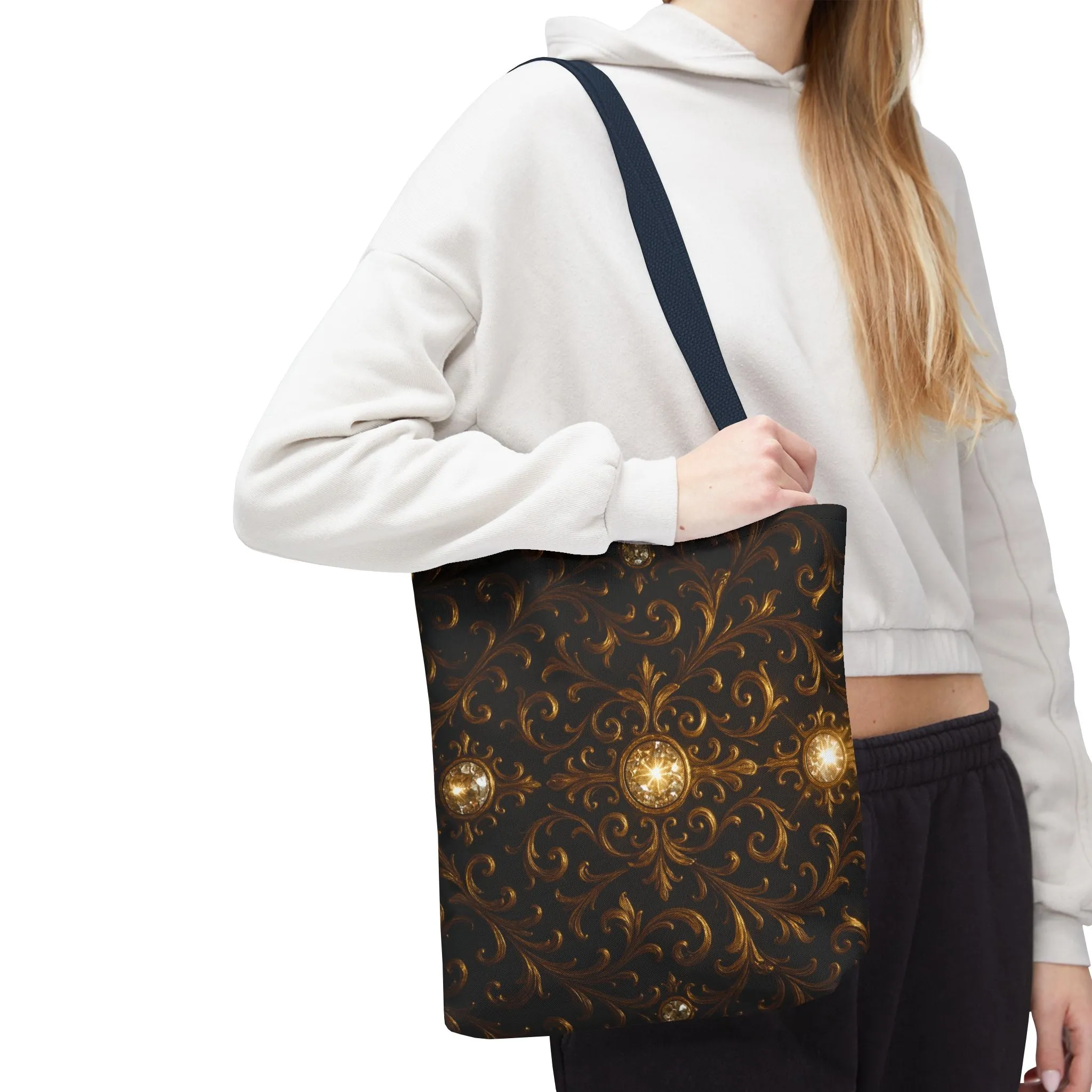 Elegant Baroque Tote Bag - Black and Gold Ornate Design Purse, Reusable Stylish Shoulder Bag for Women, Vintage Luxe Aesthetic Gift