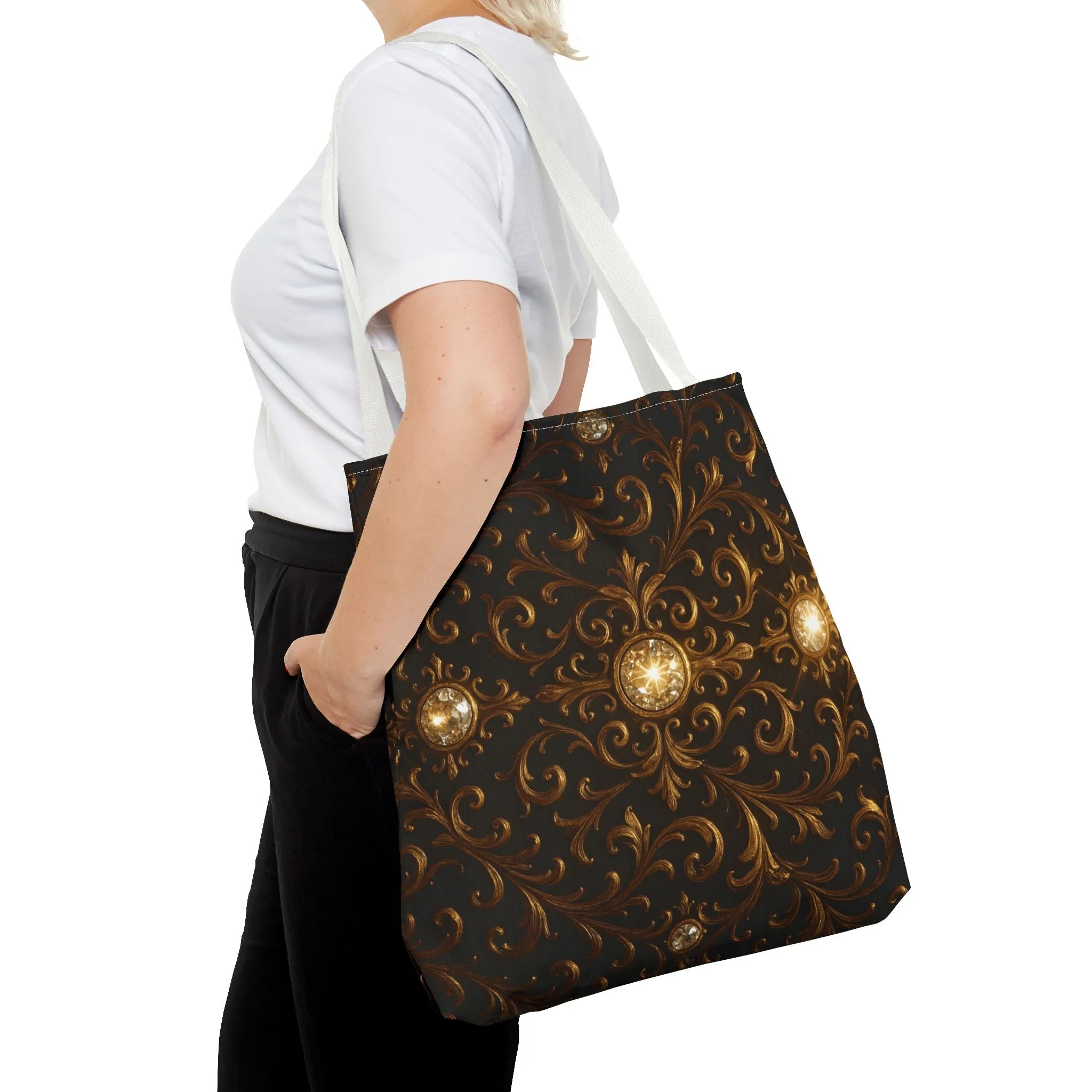 Elegant Baroque Tote Bag - Black and Gold Ornate Design Purse, Reusable Stylish Shoulder Bag for Women, Vintage Luxe Aesthetic Gift