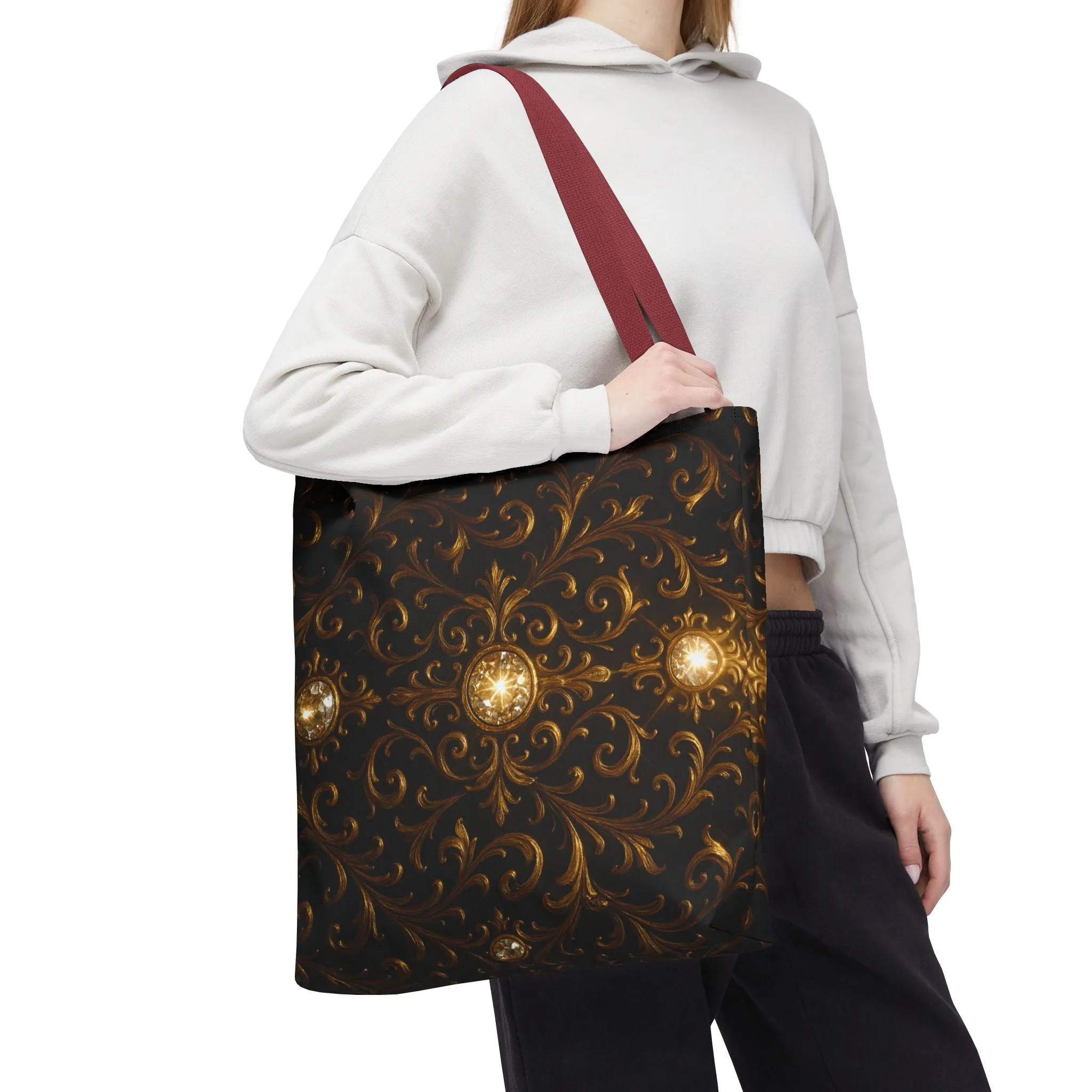 Elegant Baroque Tote Bag - Black and Gold Ornate Design Purse, Reusable Stylish Shoulder Bag for Women, Vintage Luxe Aesthetic Gift