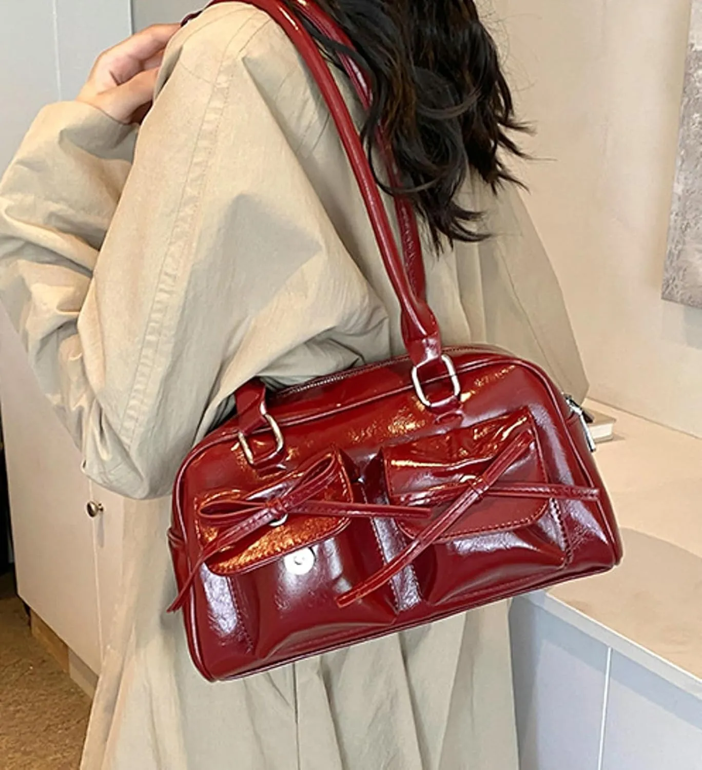 Elegant Bow Shoulder Tote Bag Women Stylish Crossbody Handbag Front Pockets Daily Commute Shopping