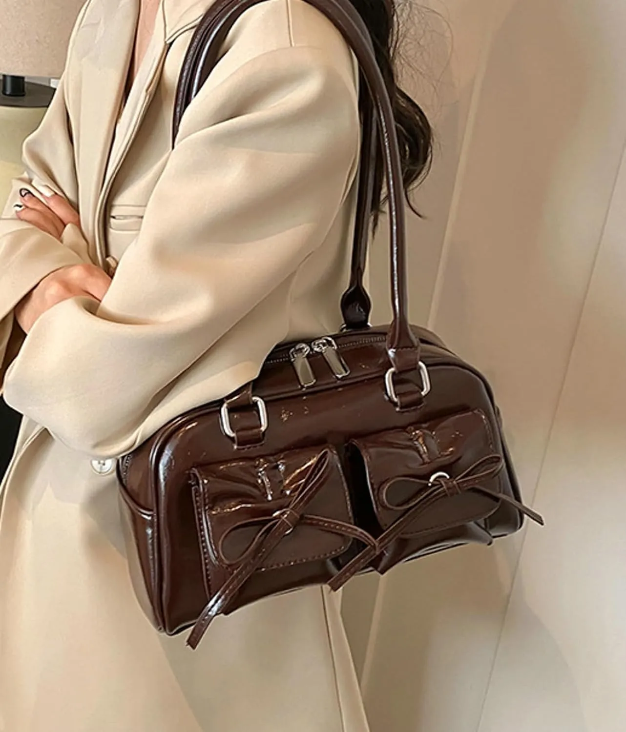 Elegant Bow Shoulder Tote Bag Women Stylish Crossbody Handbag Front Pockets Daily Commute Shopping