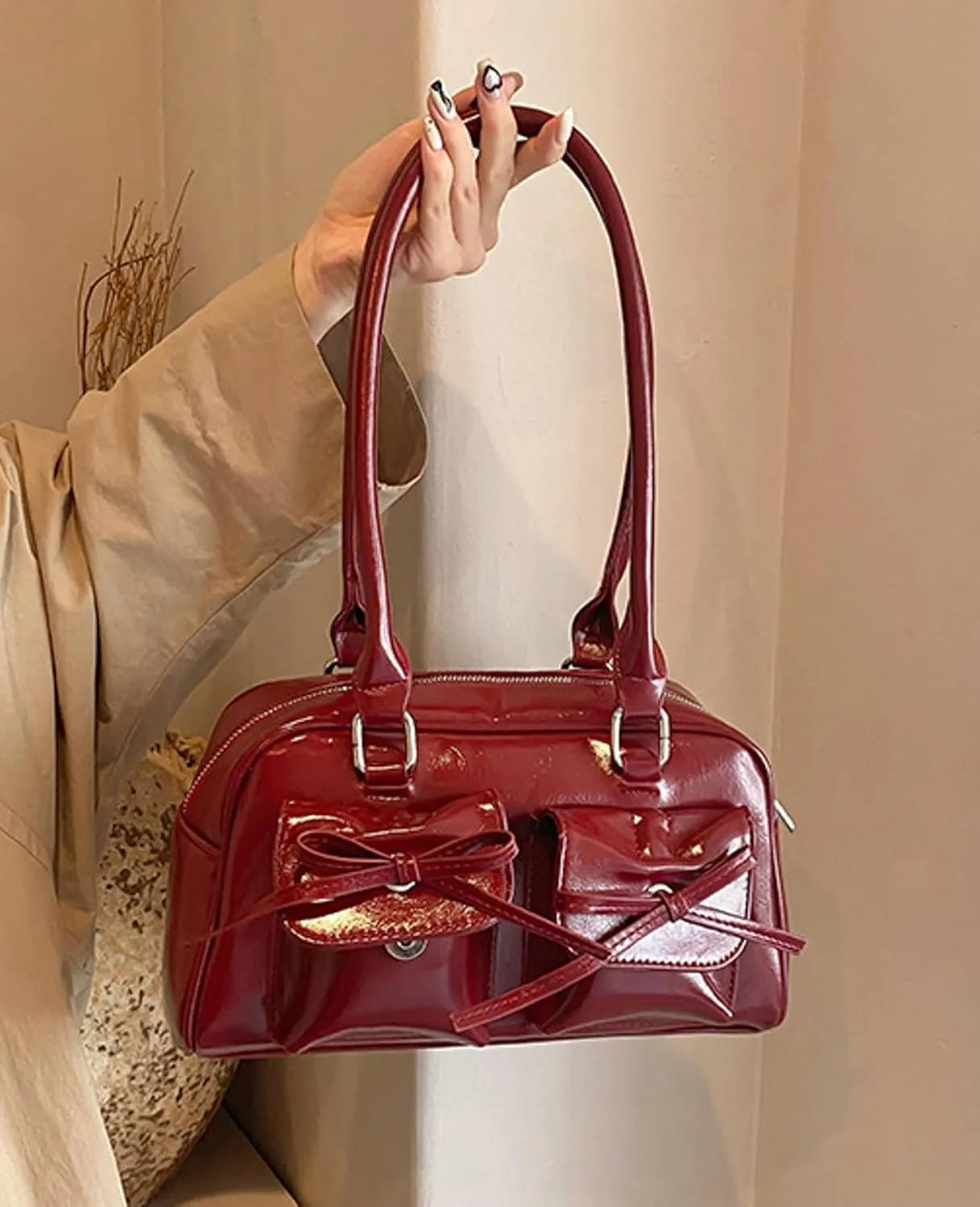 Elegant Bow Shoulder Tote Bag Women Stylish Crossbody Handbag Front Pockets Daily Commute Shopping