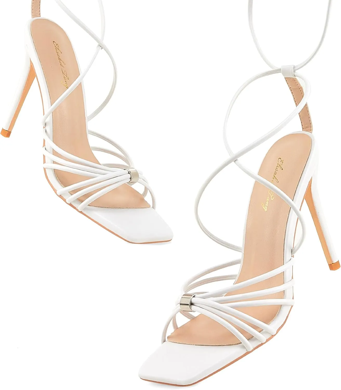 Elisabet Tang Women Strappy Heeled Sandals Lace Up 4 Inch Stilettos Square Open Toe High Heels Ankle Strap for Prom Party Evening