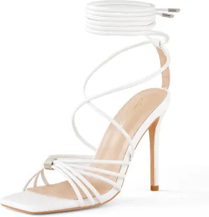 Elisabet Tang Women Strappy Heeled Sandals Lace Up 4 Inch Stilettos Square Open Toe High Heels Ankle Strap for Prom Party Evening