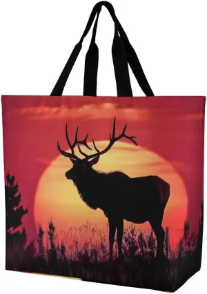 Elk in The Sunset Reusable Shopping Bag with Shoulder Straps Portable Collapsible Grocery Tote Bags