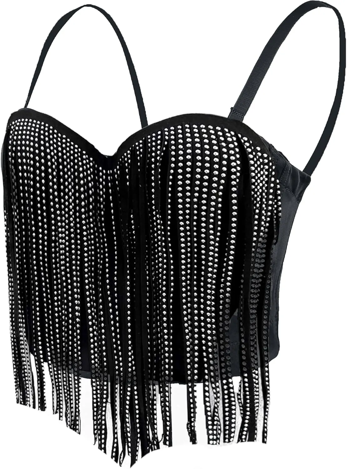 ELLACCI Women's Faux Suede Bustier Top with Fringe and Metallic Accents Corset Top Bra Black