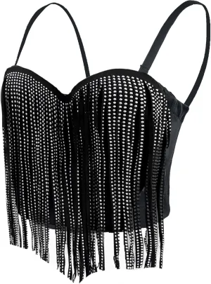 ELLACCI Women's Faux Suede Bustier Top with Fringe and Metallic Accents Corset Top Bra Black