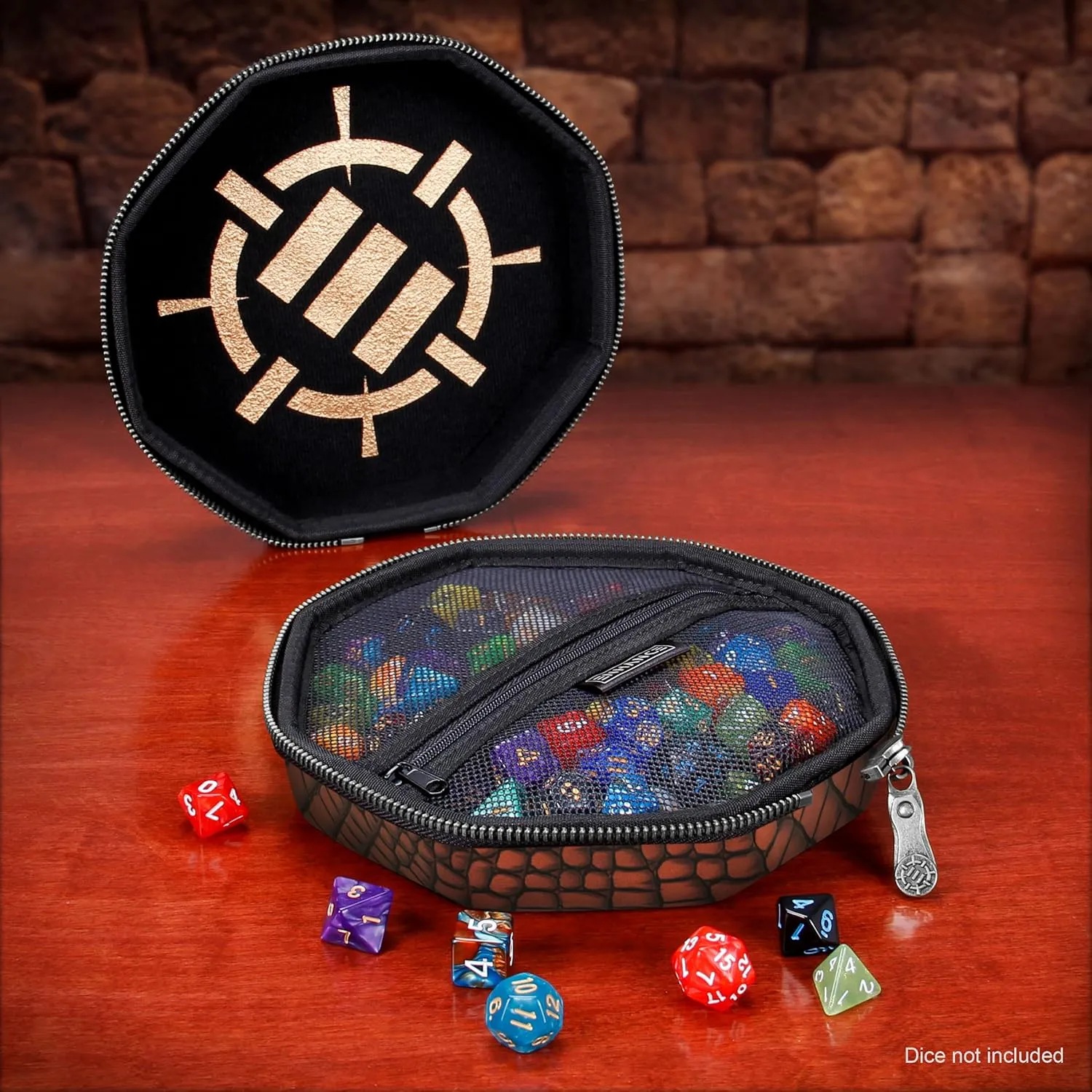 ENHANCE DND Dice Tray and Case - Collector's Edition DND Dice Holder up to 150 D&D Shakers with Hard Shell Exterior and Protective Soft Interior - Rolling Tray Perfect for Game Night (Dragon Brown)