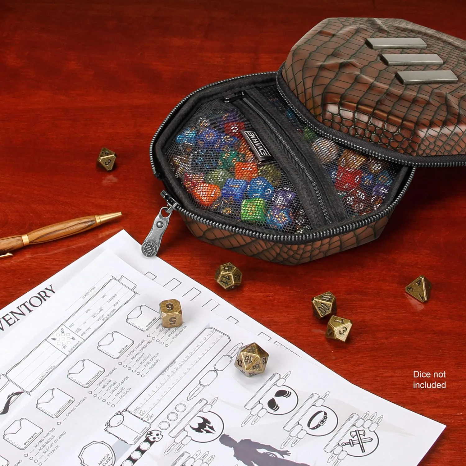 ENHANCE DND Dice Tray and Case - Collector's Edition DND Dice Holder up to 150 D&D Shakers with Hard Shell Exterior and Protective Soft Interior - Rolling Tray Perfect for Game Night (Dragon Brown)