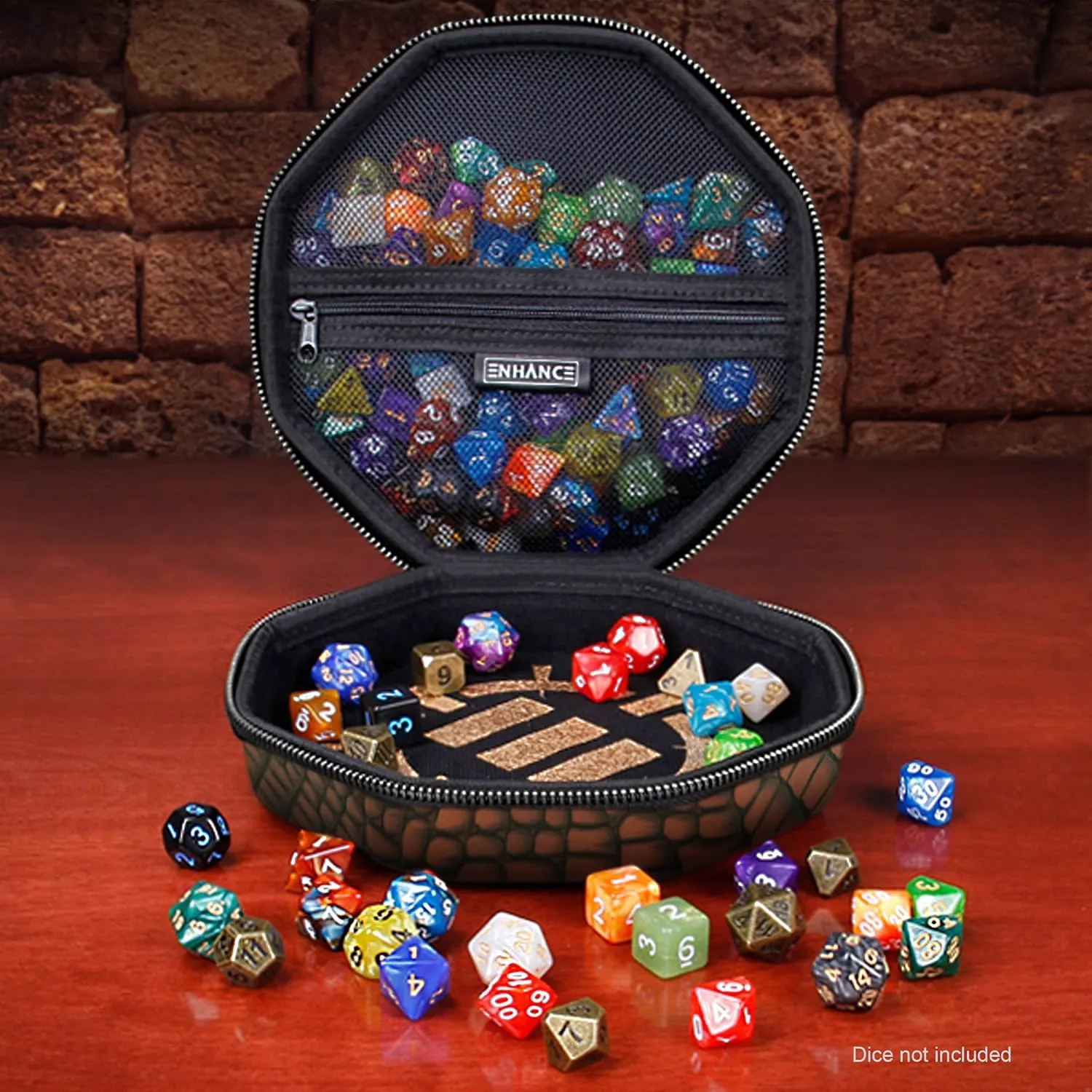 ENHANCE DND Dice Tray and Case - Collector's Edition DND Dice Holder up to 150 D&D Shakers with Hard Shell Exterior and Protective Soft Interior - Rolling Tray Perfect for Game Night (Dragon Brown)
