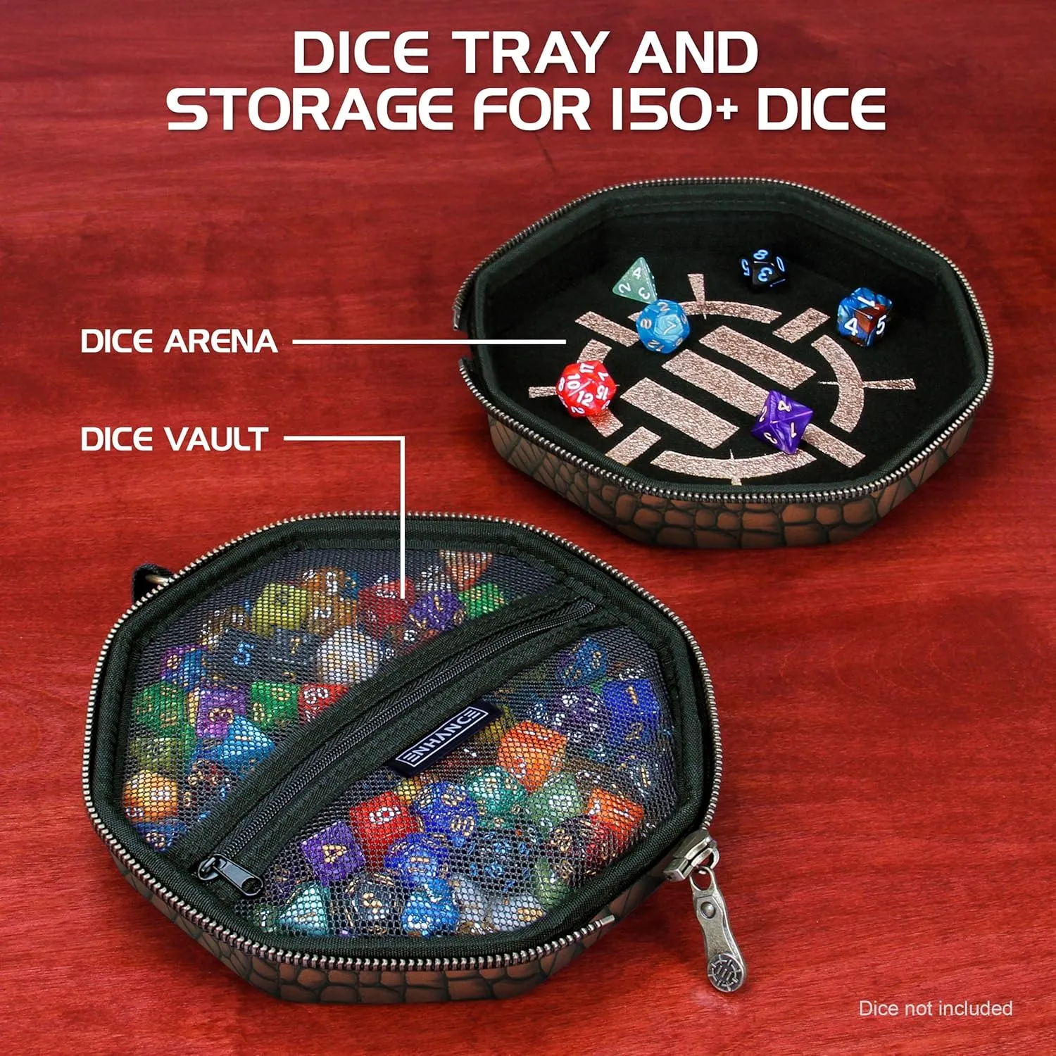 ENHANCE DND Dice Tray and Case - Collector's Edition DND Dice Holder up to 150 D&D Shakers with Hard Shell Exterior and Protective Soft Interior - Rolling Tray Perfect for Game Night (Dragon Brown)