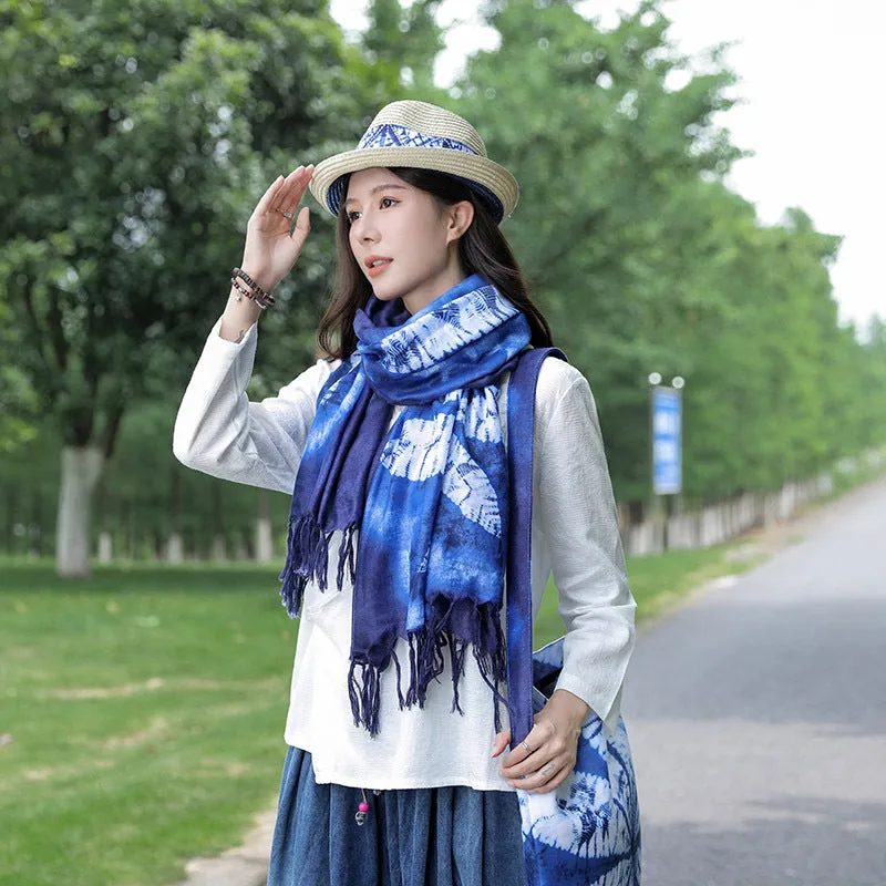 Ethnic Tie-Dye Scarf – Four-Leaf Clover Cotton-Linen Wrap