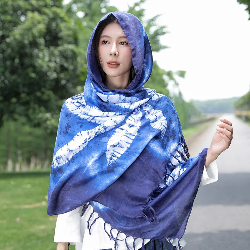 Ethnic Tie-Dye Scarf – Four-Leaf Clover Cotton-Linen Wrap