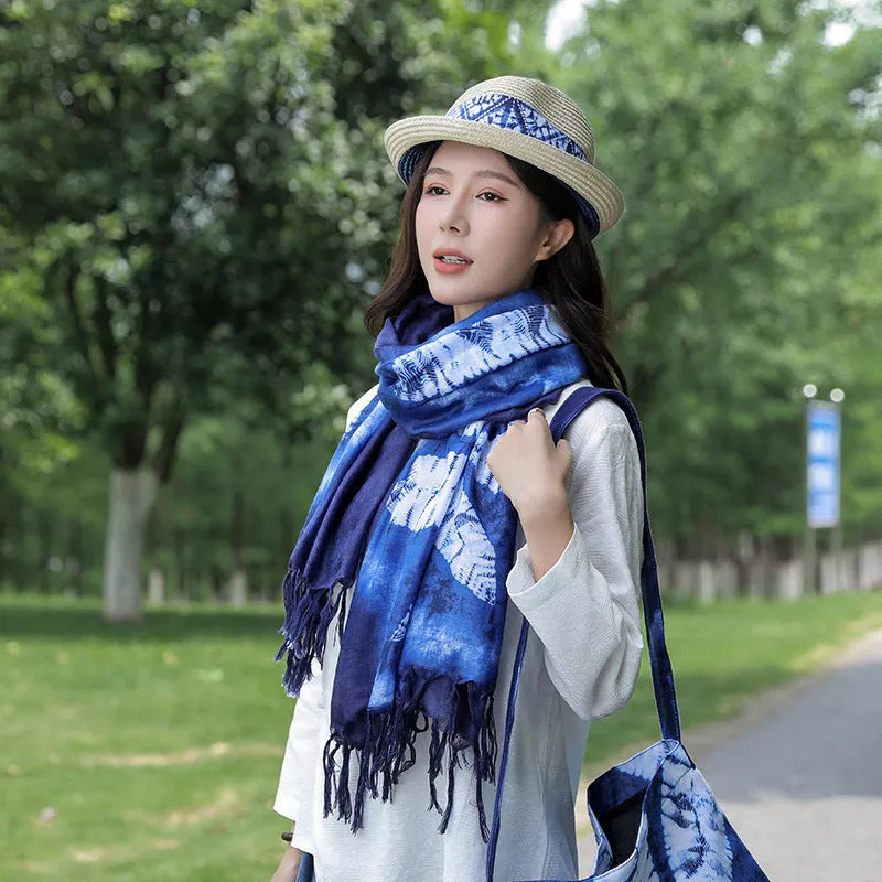 Ethnic Tie-Dye Scarf – Four-Leaf Clover Cotton-Linen Wrap