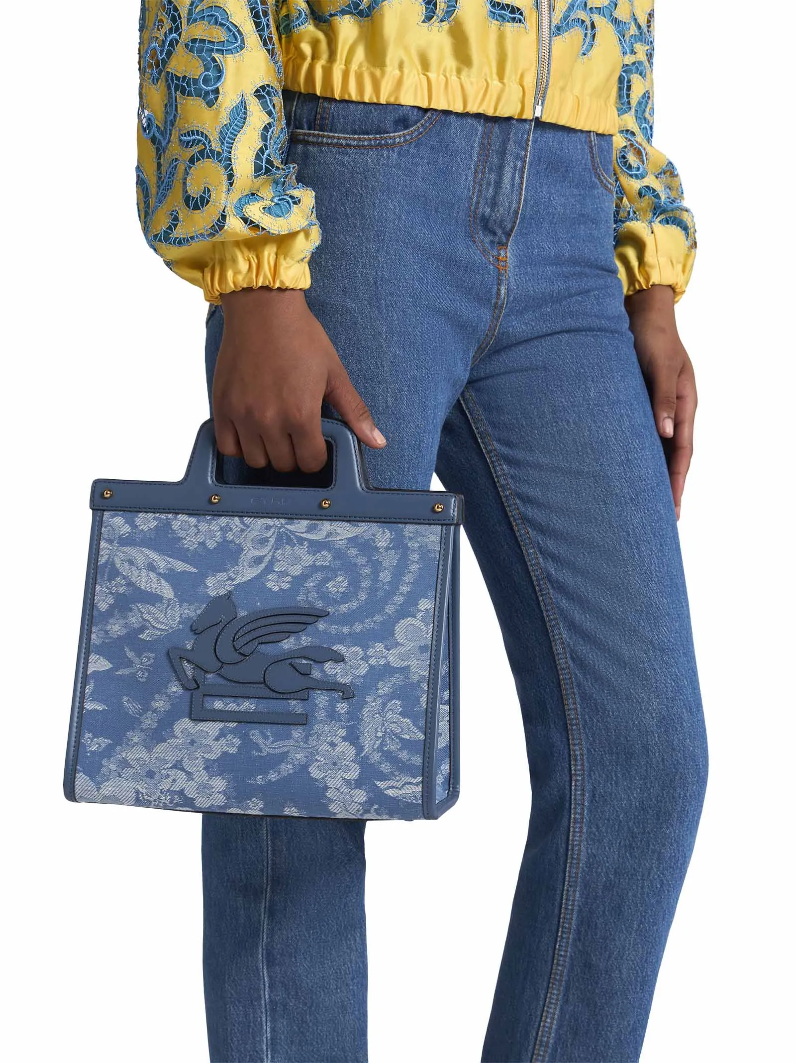 ETRO Medium Floral Jacquard Denim Shopping Handbag with Shoulder Strap