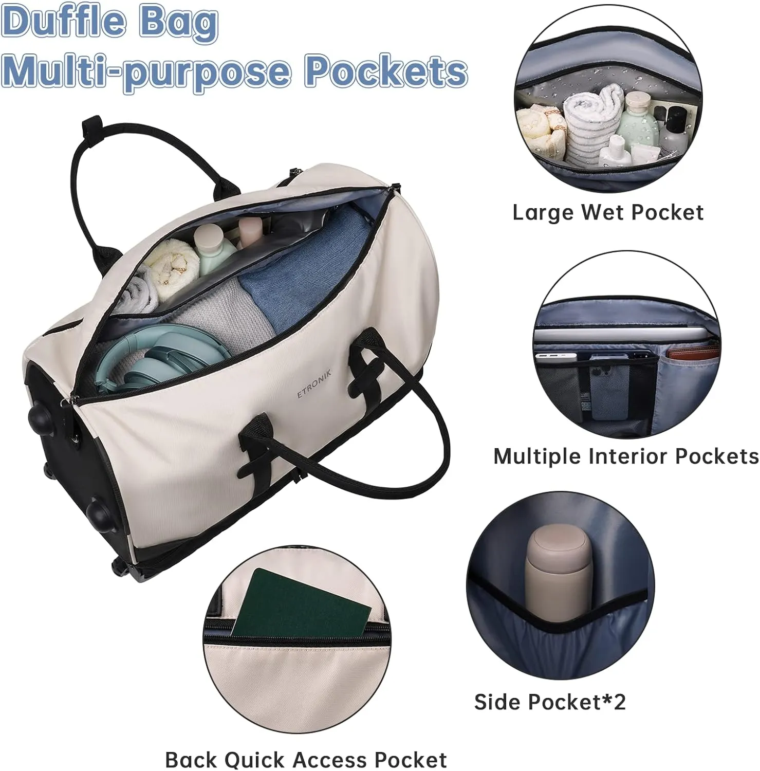 ETRONIK Rolling Duffle with Wheels, 23 Inch Large Carry on Luggage for Women with Shoe Compartment, Duffle Bag for Travel with Toiletry Bag, Beige