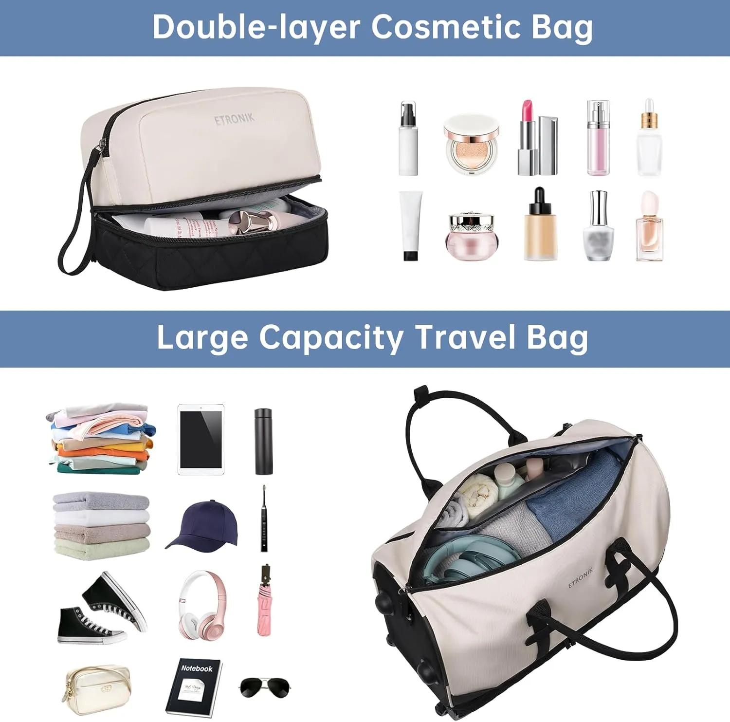 ETRONIK Rolling Duffle with Wheels, 23 Inch Large Carry on Luggage for Women with Shoe Compartment, Duffle Bag for Travel with Toiletry Bag, Beige