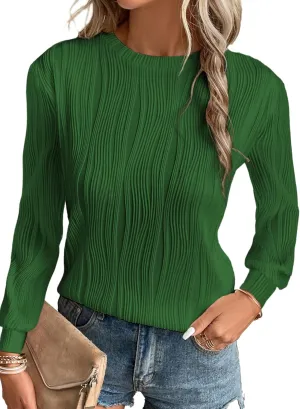 EVALESS Womens Tops Trendy Dressy Casual Long Sleeve Crewneck Basic T Shirts Solid Loose Textured Blouses Outfits