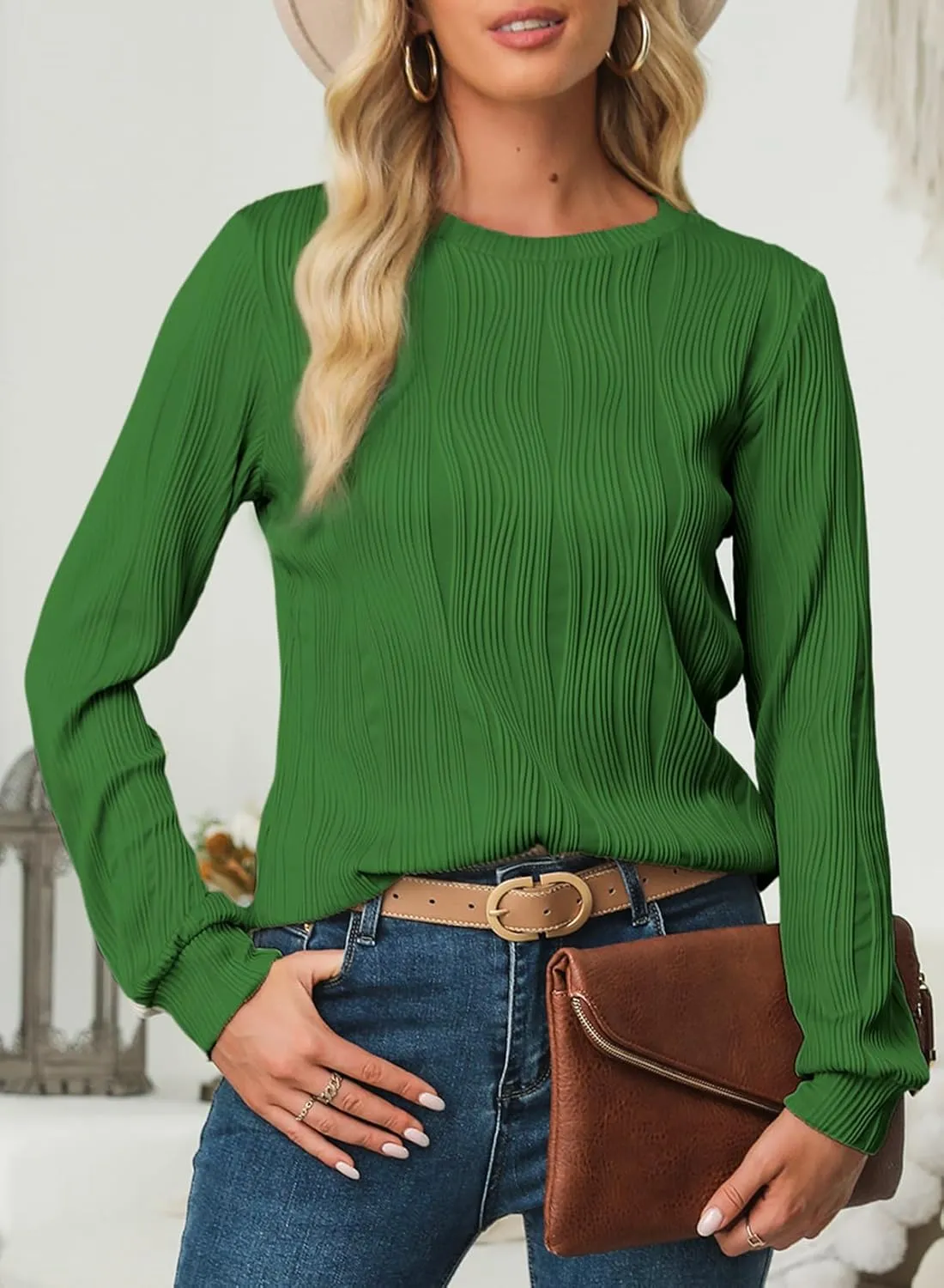 EVALESS Womens Tops Trendy Dressy Casual Long Sleeve Crewneck Basic T Shirts Solid Loose Textured Blouses Outfits