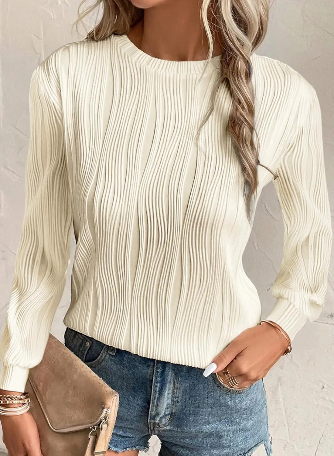 EVALESS Womens Tops Trendy Dressy Casual Long Sleeve Crewneck Basic T Shirts Solid Loose Textured Blouses Outfits