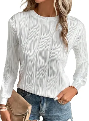 EVALESS Womens Tops Trendy Dressy Casual Long Sleeve Crewneck Basic T Shirts Solid Loose Textured Blouses Outfits