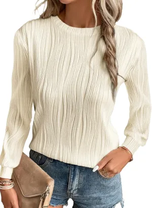 EVALESS Womens Tops Trendy Dressy Casual Long Sleeve Crewneck Basic T Shirts Solid Loose Textured Blouses Outfits