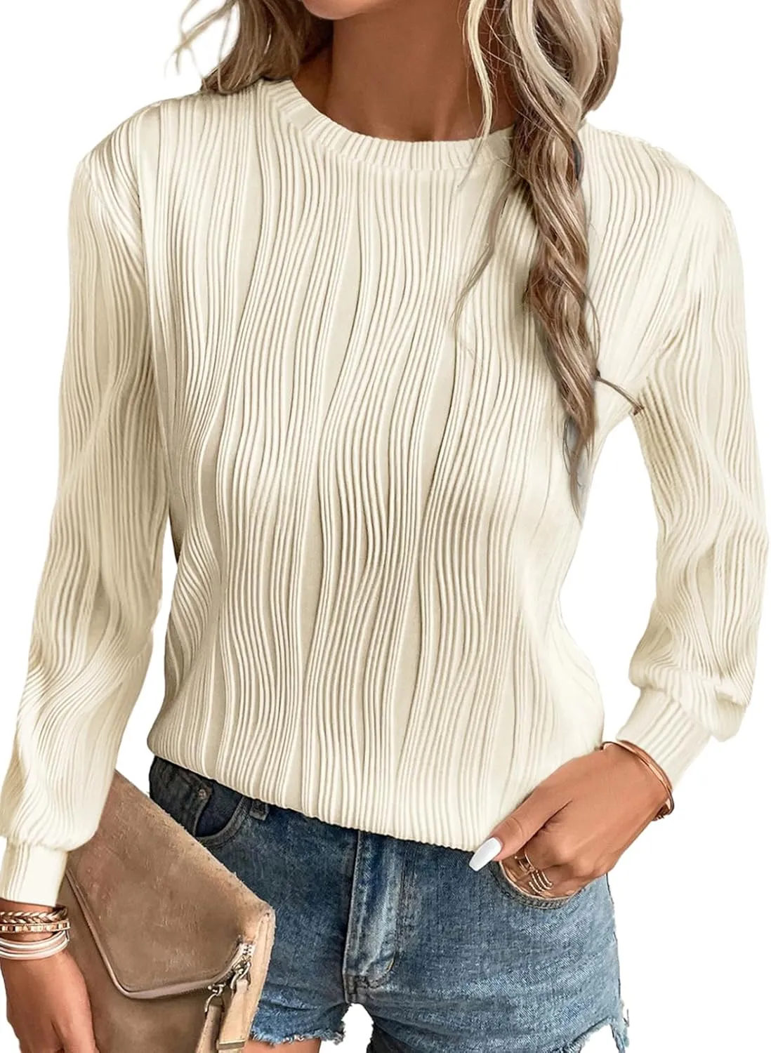 EVALESS Womens Tops Trendy Dressy Casual Long Sleeve Crewneck Basic T Shirts Solid Loose Textured Blouses Outfits
