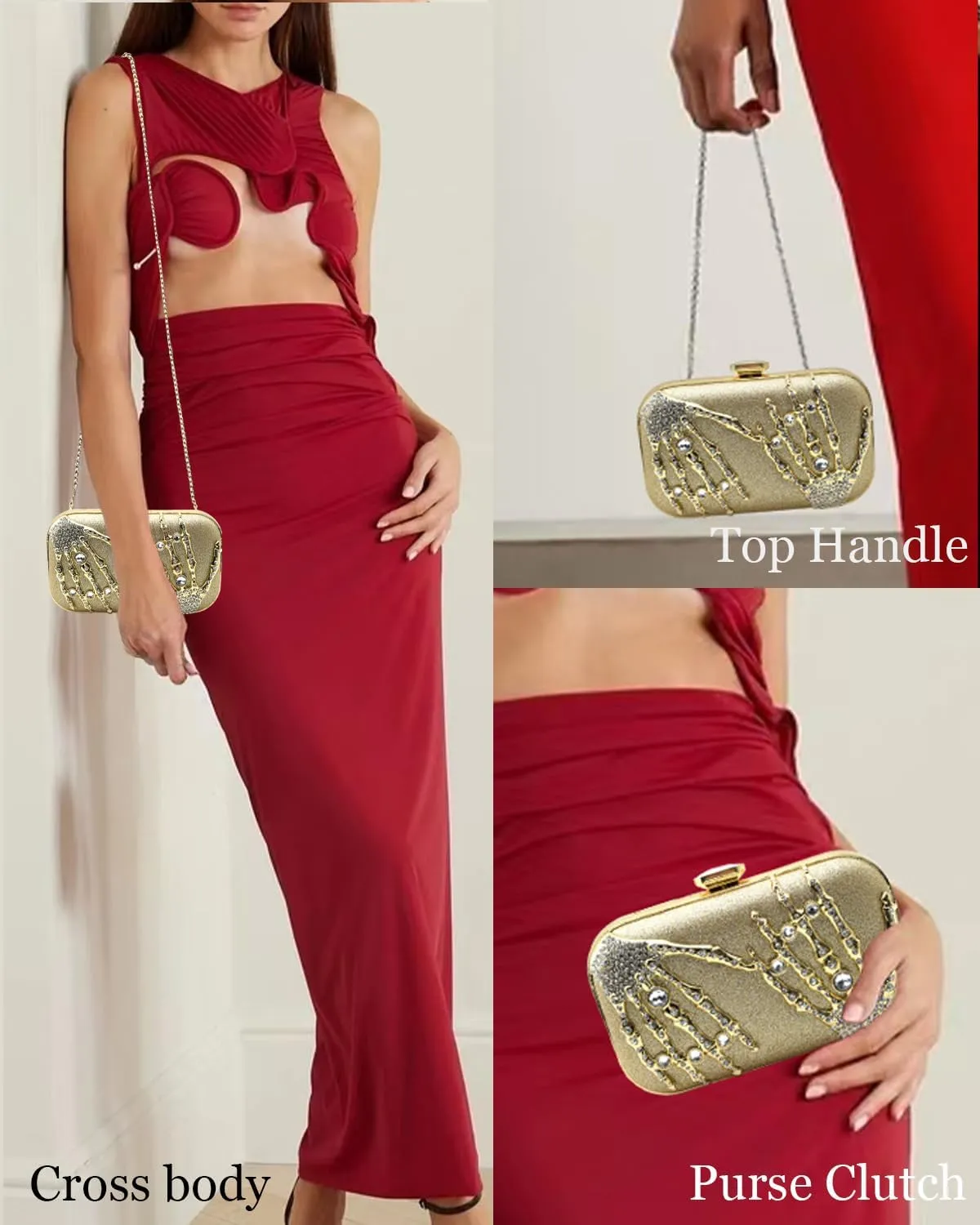 Evening Clutch Purse for Women Formal, Metallic Evening Handbags Metal Chain Shoulder Bag, Rhinestone Purse