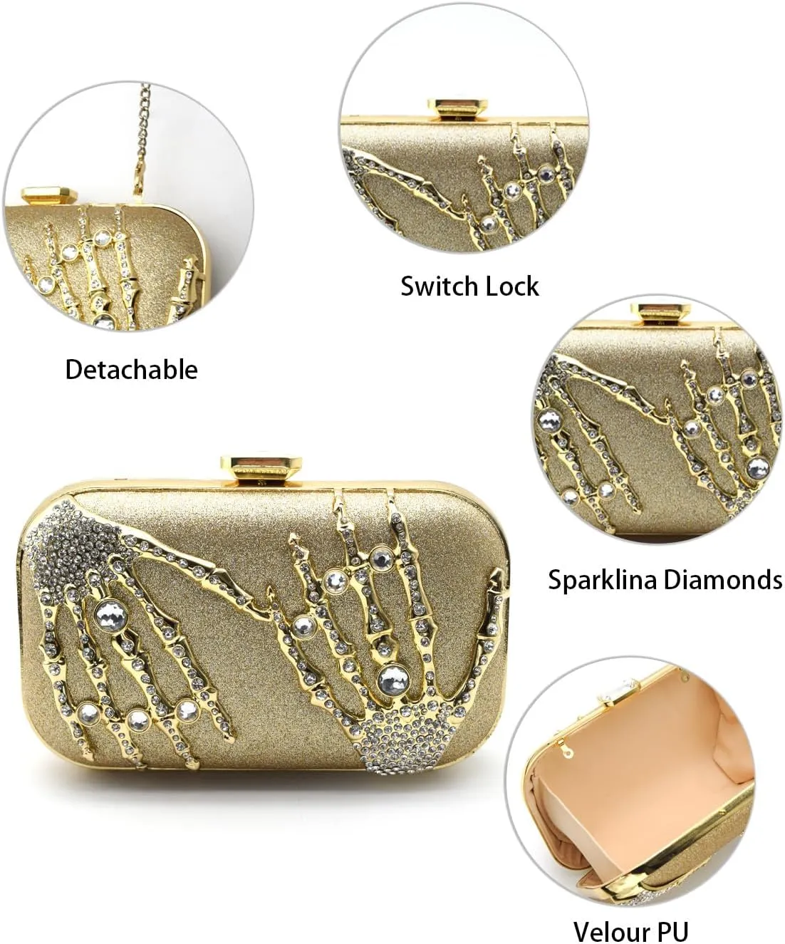 Evening Clutch Purse for Women Formal, Metallic Evening Handbags Metal Chain Shoulder Bag, Rhinestone Purse