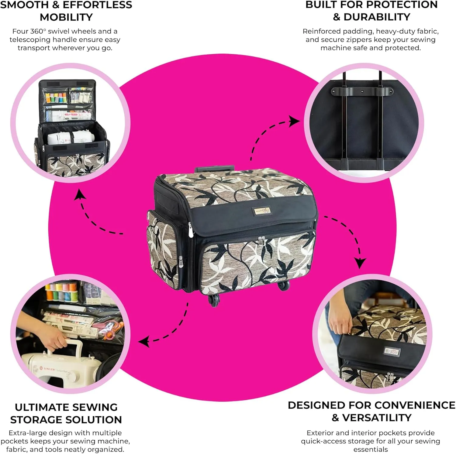 Everything Mary 4 Wheels Collapsible Deluxe Sewing Machine Storage Case, Black - Rolling Trolley Carrying Bag for Brother, Singer