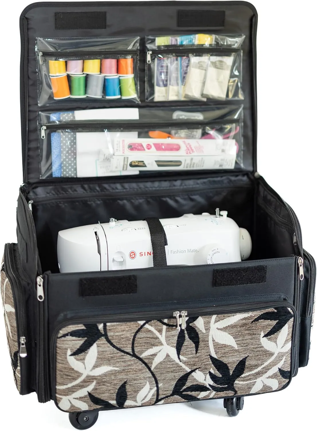Everything Mary 4 Wheels Collapsible Deluxe Sewing Machine Storage Case, Black - Rolling Trolley Carrying Bag for Brother, Singer