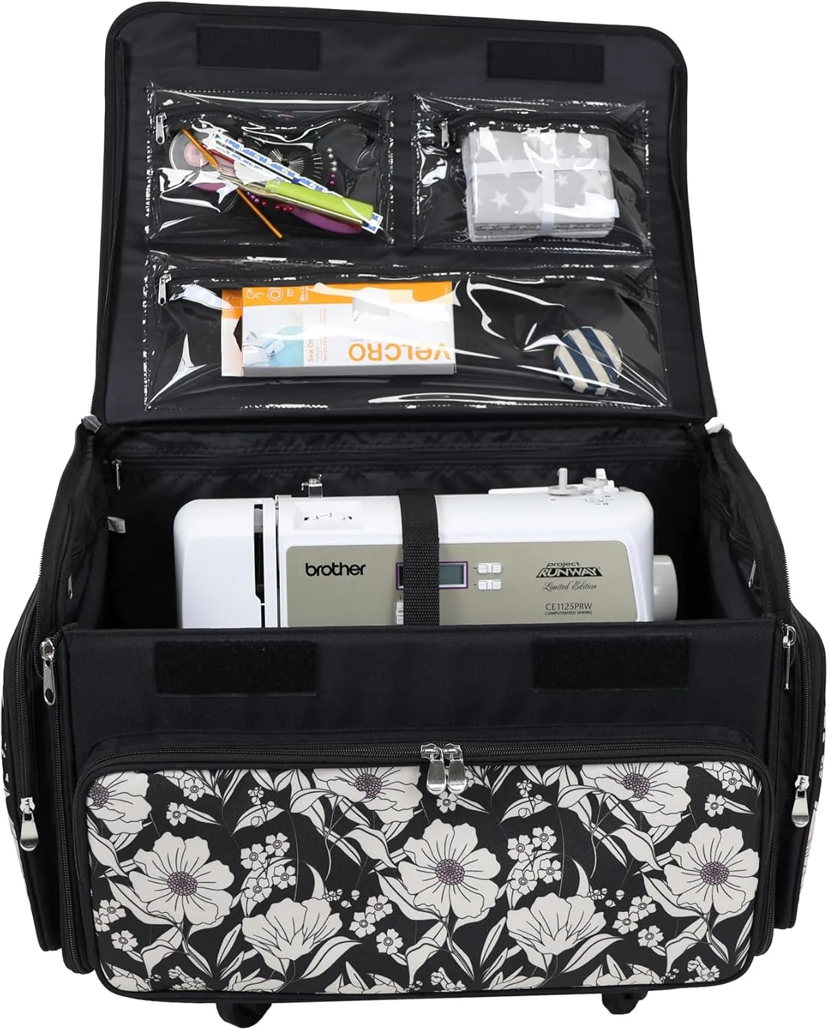 Everything Mary 4 Wheels Collapsible Deluxe Sewing Machine Storage Case, Black - Rolling Trolley Carrying Bag for Brother, Singer