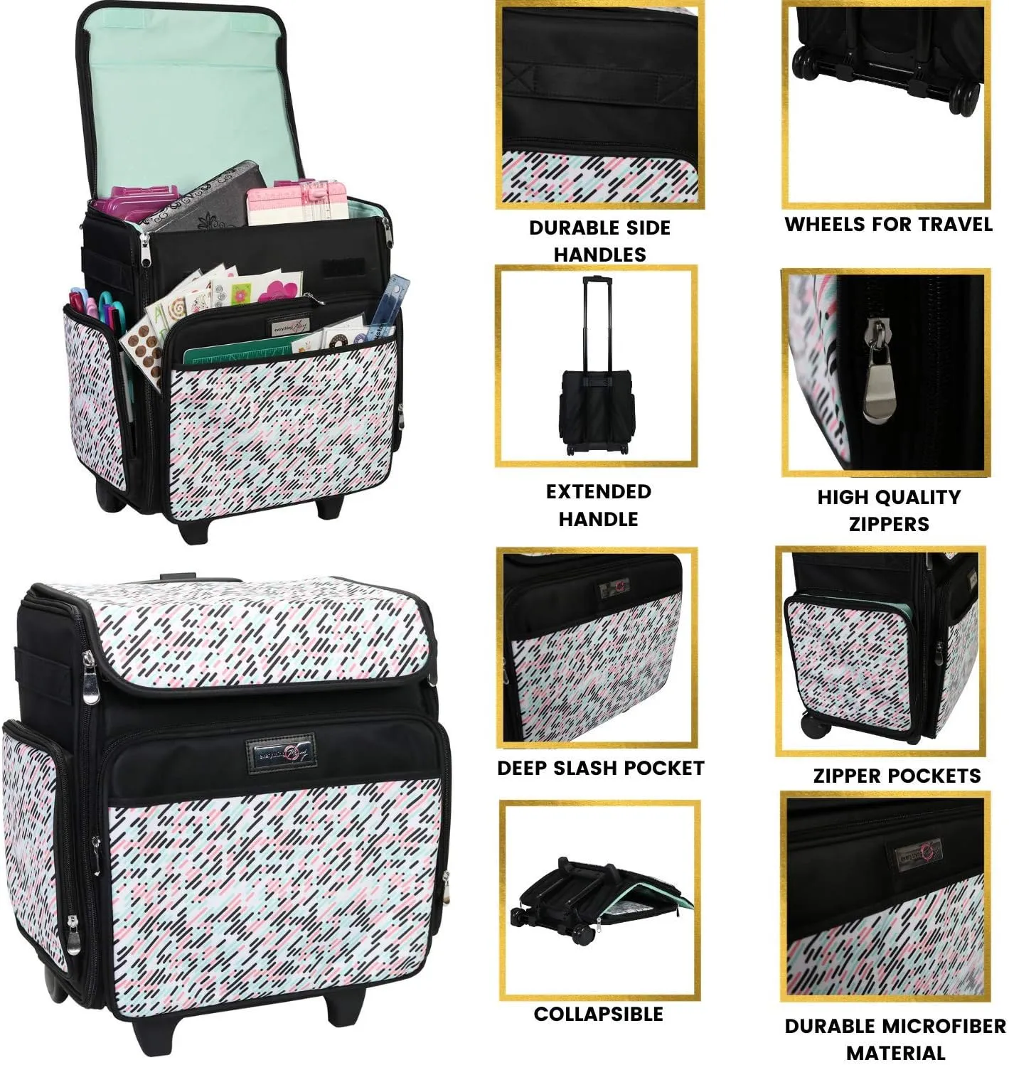 Everything Mary Collapsible Rolling Craft Bag, Pill - Wheeled Scrapbook Tote for Scrapbooking & Art - Travel Organizer Storage Bin for Paper, Glue, Tape - Roller Cart for Teachers & Medical