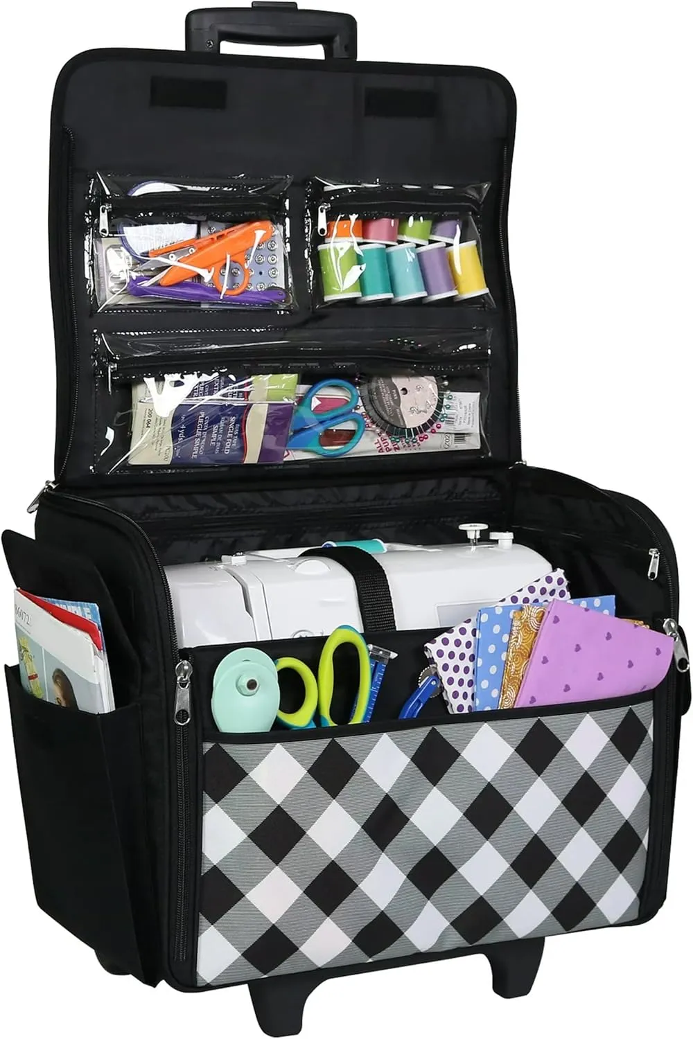 Everything Mary Rolling Sewing Machine Storage and Transport Tote – Durable 75D Polyester, Fits Most Standard Machines, Travel Bag with Wheels & Multiple Pockets – Buffalo Check
