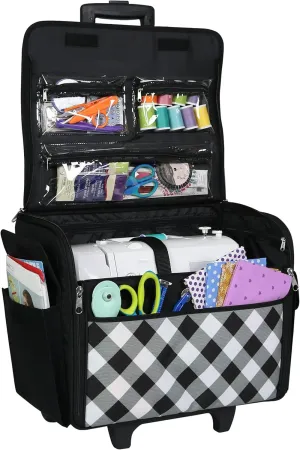 Everything Mary Rolling Sewing Machine Storage and Transport Tote – Durable 75D Polyester, Fits Most Standard Machines, Travel Bag with Wheels & Multiple Pockets – Buffalo Check