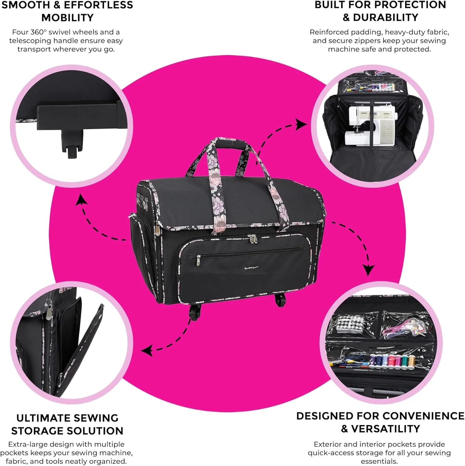 Everything Mary XXL Wheeled Sewing Machine Bag Sewing Machine Case - Durable, Spacious Storage with 4 Wheels, Multiple Pockets for Sewing & Craft Supplies