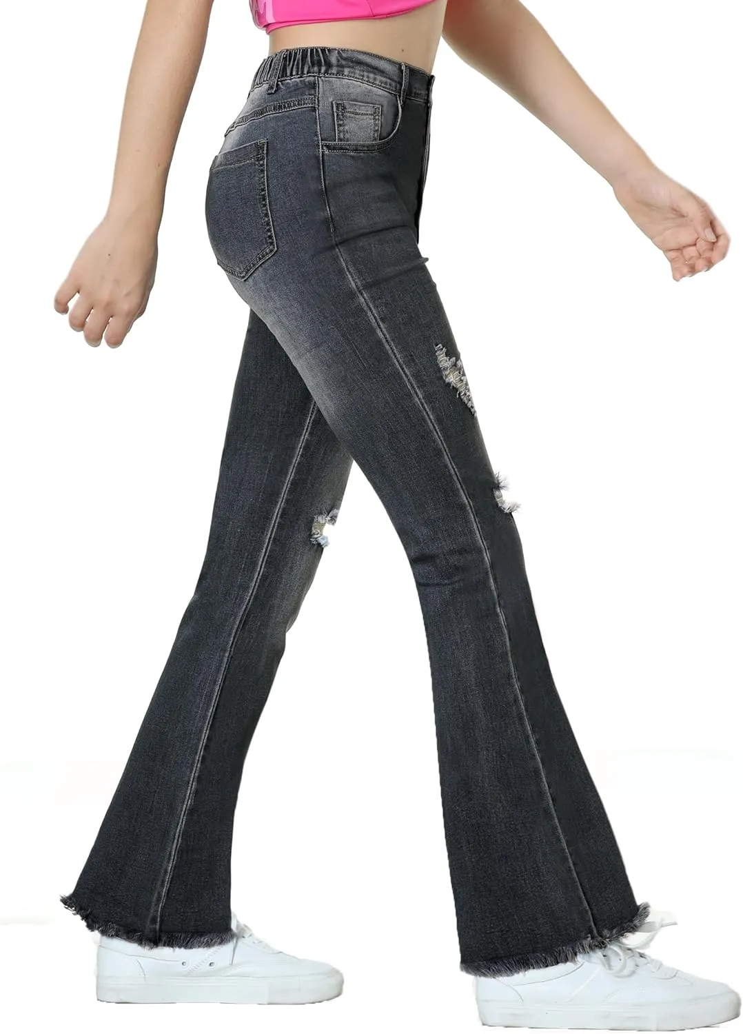 EXARUS Girls Jeans Pants Wide Leg/Flare/Skinny Denim Pant Ripped High Waist Elastic Band Casual with Pockets Kids 6-14Y
