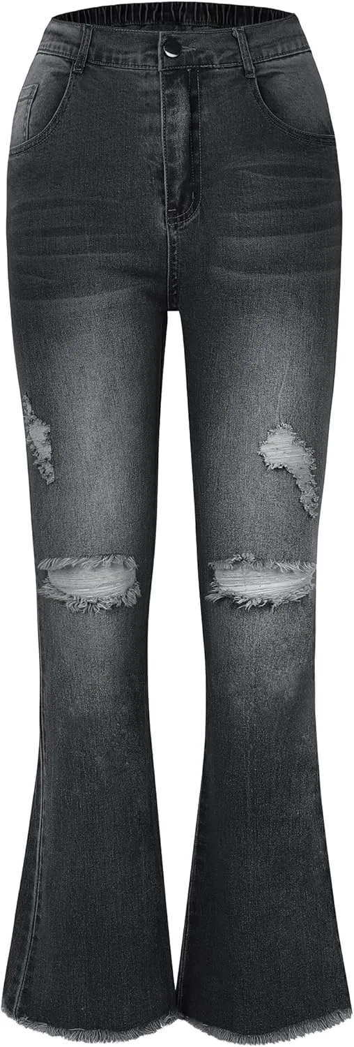 EXARUS Girls Jeans Pants Wide Leg/Flare/Skinny Denim Pant Ripped High Waist Elastic Band Casual with Pockets Kids 6-14Y