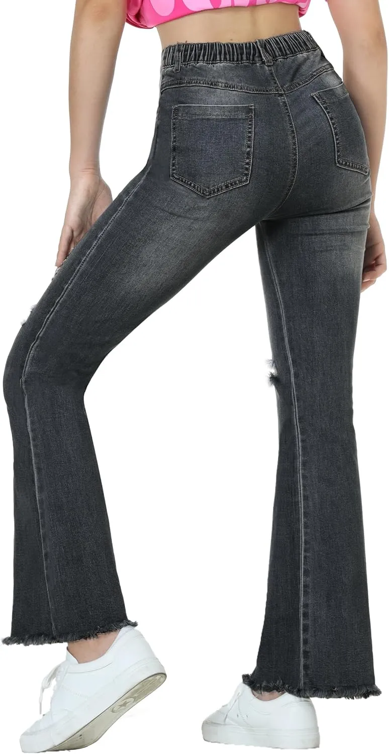 EXARUS Girls Jeans Pants Wide Leg/Flare/Skinny Denim Pant Ripped High Waist Elastic Band Casual with Pockets Kids 6-14Y