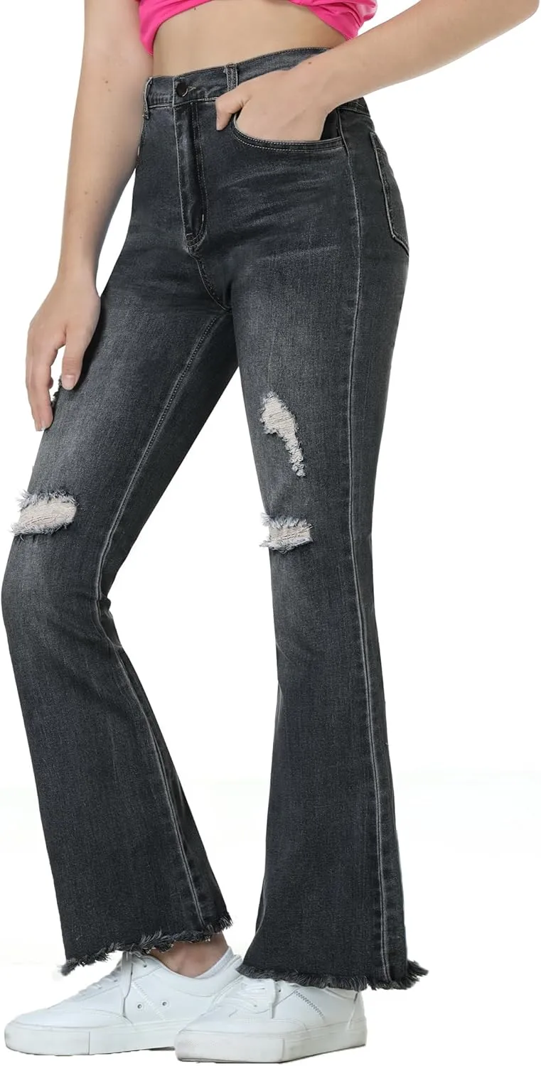 EXARUS Girls Jeans Pants Wide Leg/Flare/Skinny Denim Pant Ripped High Waist Elastic Band Casual with Pockets Kids 6-14Y