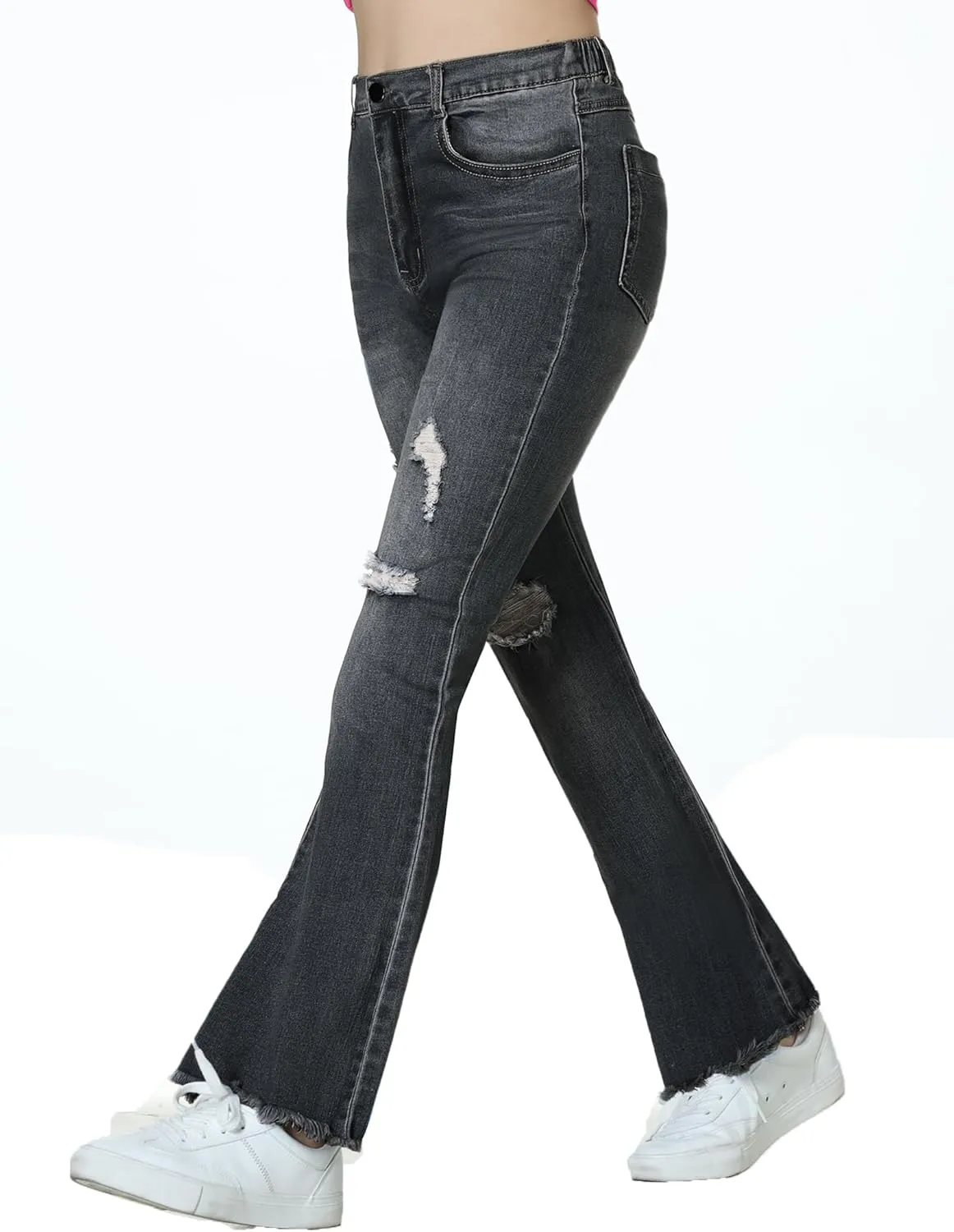 EXARUS Girls Jeans Pants Wide Leg/Flare/Skinny Denim Pant Ripped High Waist Elastic Band Casual with Pockets Kids 6-14Y