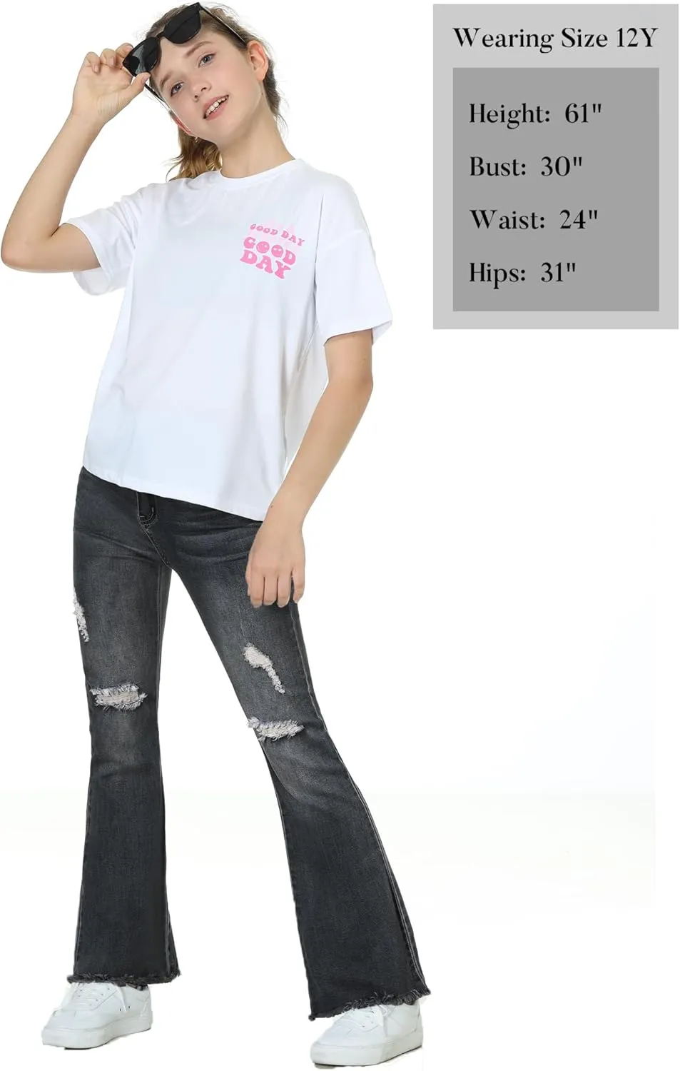 EXARUS Girls Jeans Pants Wide Leg/Flare/Skinny Denim Pant Ripped High Waist Elastic Band Casual with Pockets Kids 6-14Y
