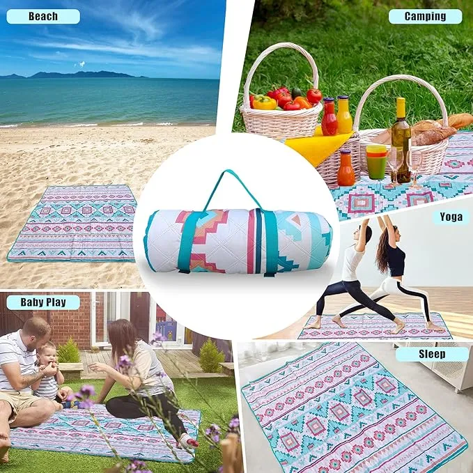EXELNT Extra Large Outdoor Picnic Blankets Waterproof, for The Beach, Camping Travelling on The Grass, Park Blanket, Rolling Up Packaging，Portable Carring, 79" x 79" Picnic Mat - Aksu Style (Blue)