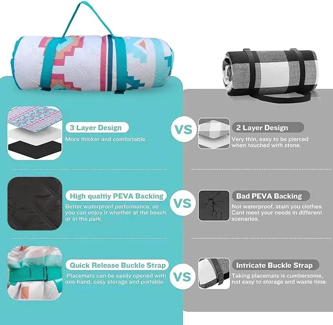 EXELNT Extra Large Outdoor Picnic Blankets Waterproof, for The Beach, Camping Travelling on The Grass, Park Blanket, Rolling Up Packaging，Portable Carring, 79" x 79" Picnic Mat - Aksu Style (green)