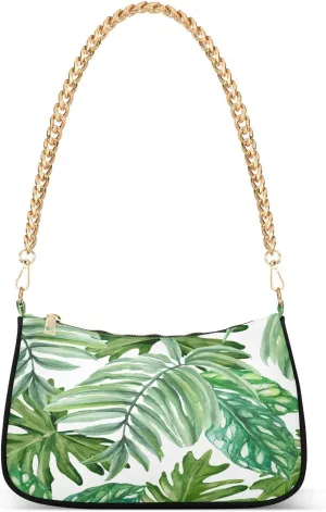 Exotic Leaf Rainforest Palm Tree Shoulder Handbags for Women Travel Hobo Tote Handbag Women Gold Chain Shoulder Bags Purse with Zipper Closure