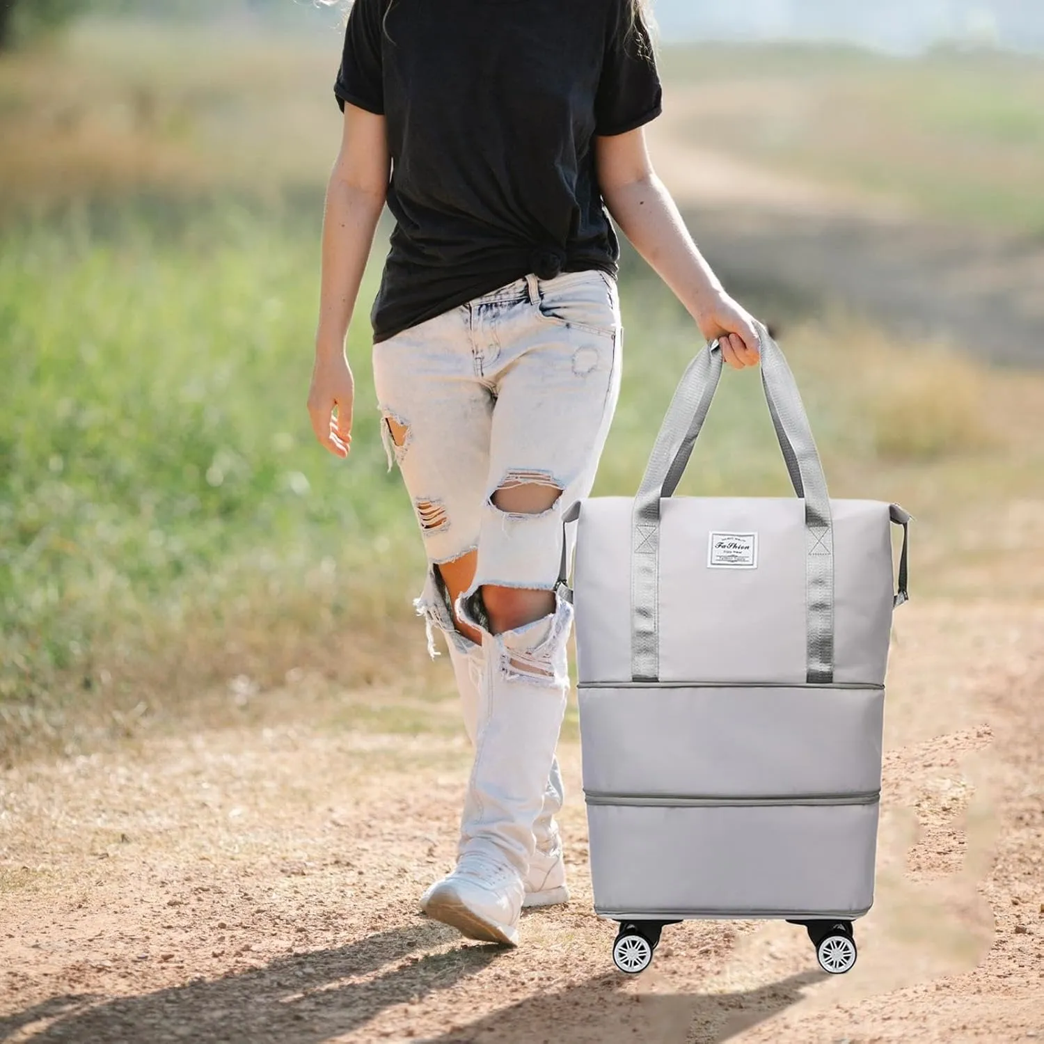 Expandable Foldable Rolling Duffel Bag with Wheels, Detachable Rolling Carry- Luggage, Duffel Bag with Multiple Compartments for Travel, Business, Camping, Rolling Duffel Bag