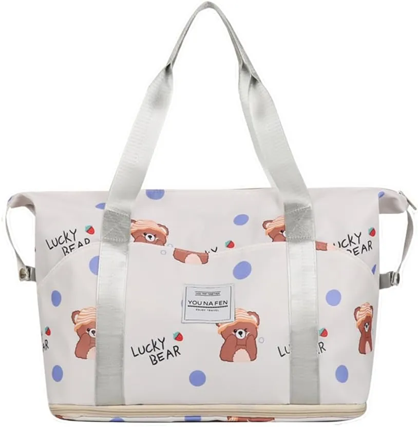 Expandable Travel Duffle Tote Bag Waterproof Carry-on Sports Gym Bags Foldable Lightweight Overnight Weekender Bag with Trolley Sleeve （Beige-Lucky Bear）